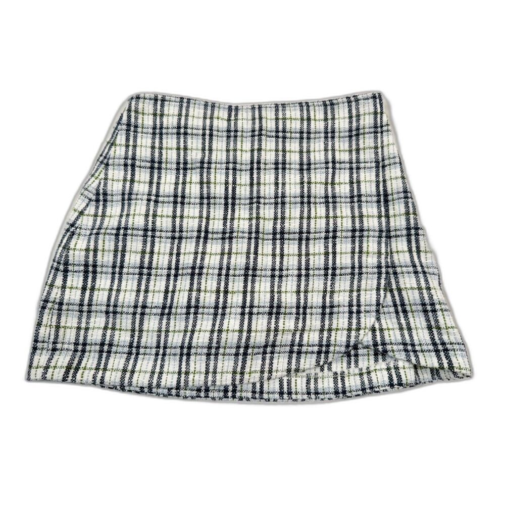 Abercrombie & Fitch Tweed Plaid Wrap Mini Skirt Skort Green Navy Blue Sz S